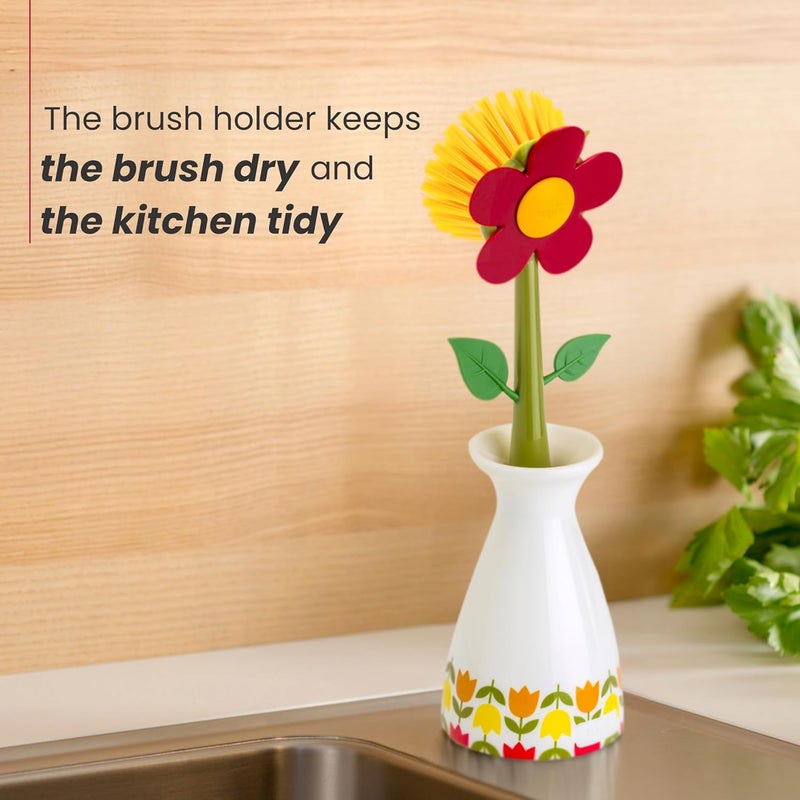 Vigar Flower Power Dish Brush with Vase Brush Holder, Dish Brush with Handle for Pot Scrubber, Dishes, Sink, and Kitchen Essentials, White, Red - Image 5